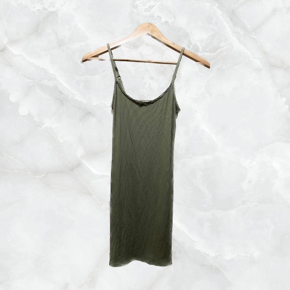 Cute Sage Green Slip On Ribbed Dress with Little Bow Detail Soft Material